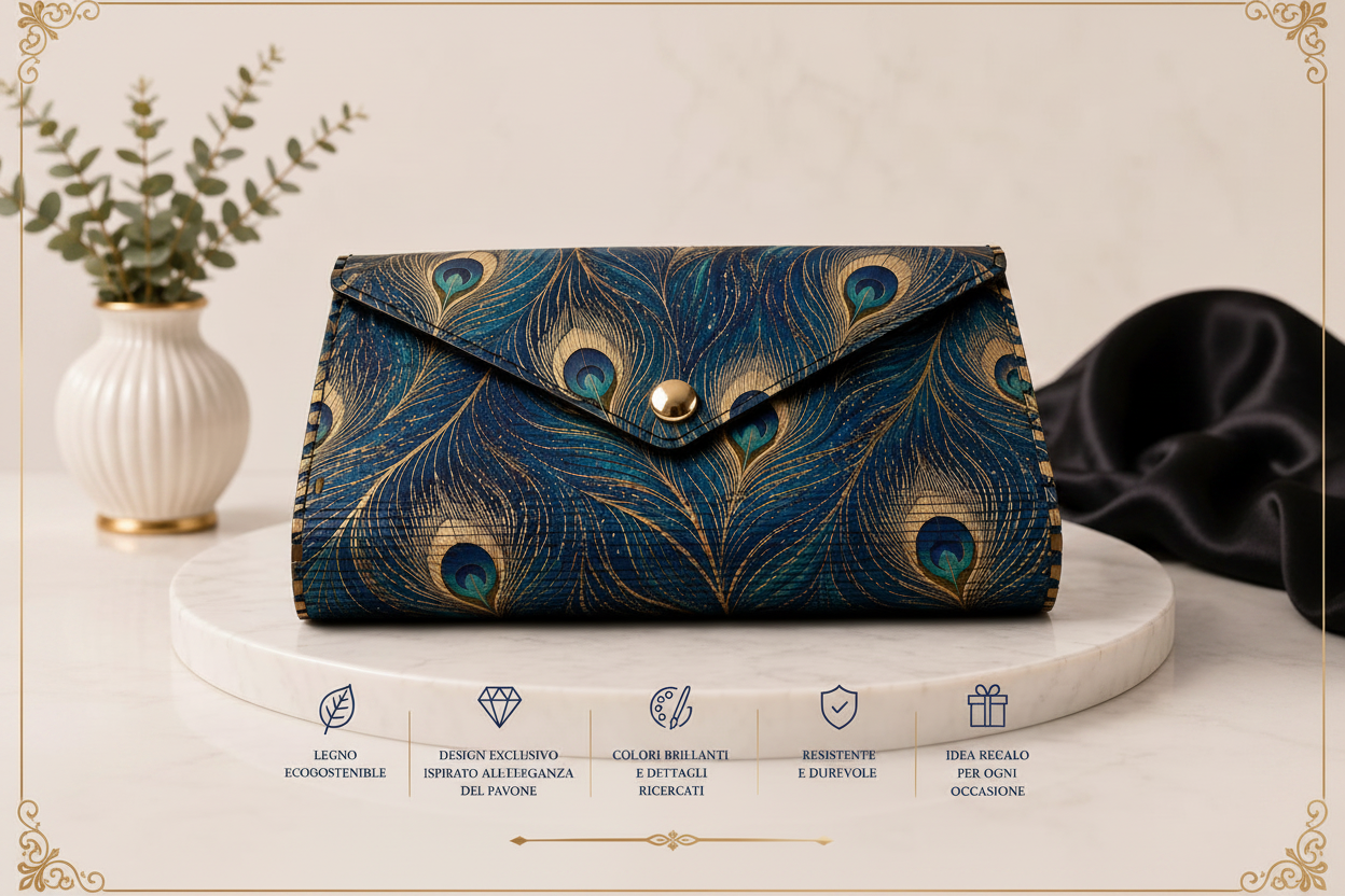 Borsetta luxury in legno naturale con piume di pavone – Punta Marina Collection