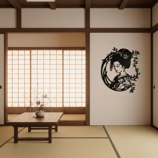 La Geisha tra i fori di ciliegio incisa su Legno