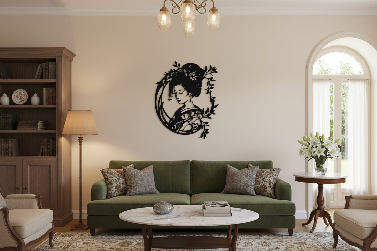 La Geisha tra i fori di ciliegio incisa su Legno