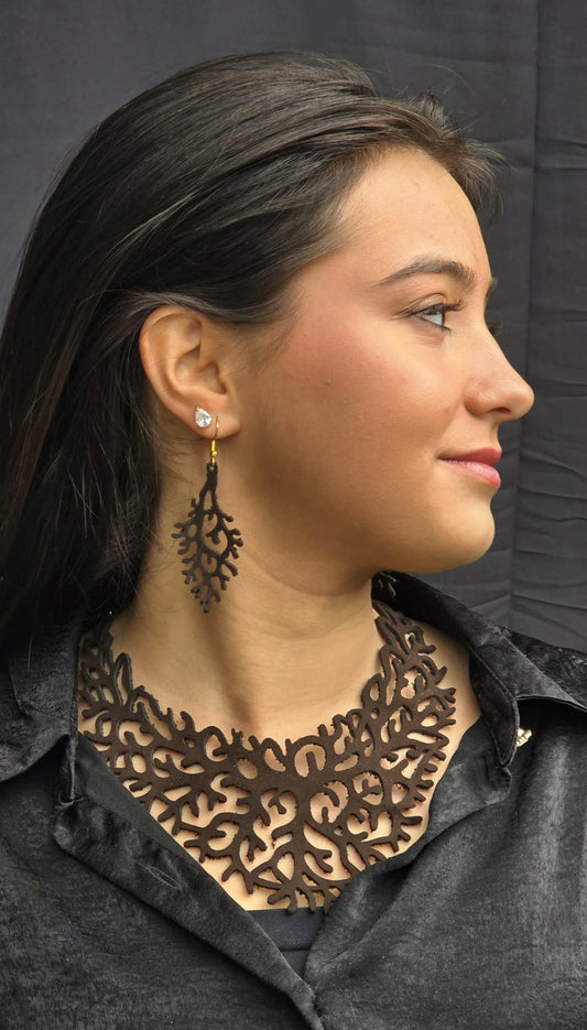 Collana e Orecchini Effetto Corallo in Vera Pelle Incisa a Laser – Colore Marrone