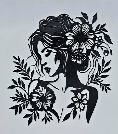 Volto Femminile con Fiori – Incisione su Legno Linea Continua