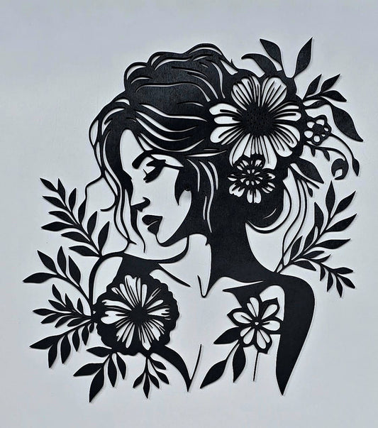 Volto Femminile con Fiori – Incisione su Legno Linea Continua