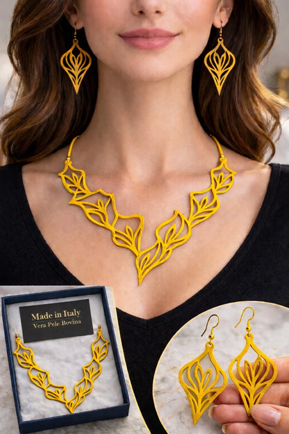 Collana e Orecchini in Vera Pelle – Design Floreale Calle Elegante Originale