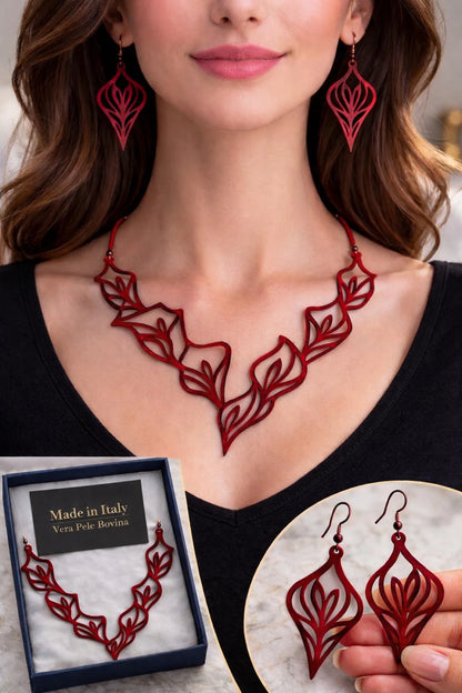 Collana e Orecchini in Vera Pelle – Design Floreale Calle Elegante Originale