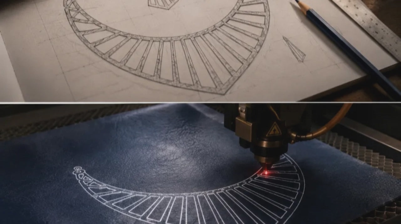 Carica il video: Ogni opera Xinciso25 nasce da un'idea e prende forma attraverso il taglio laser su pelle naturale. Un processo artigianale italiano che trasforma la materia in gioielli unici, pensati per chi cerca qualcosa di autentico.
